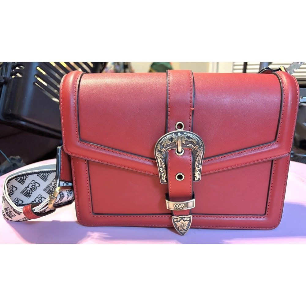 Roberto Cavalli Class Cherry Red Logo Strap Shoulder Bag Purse.